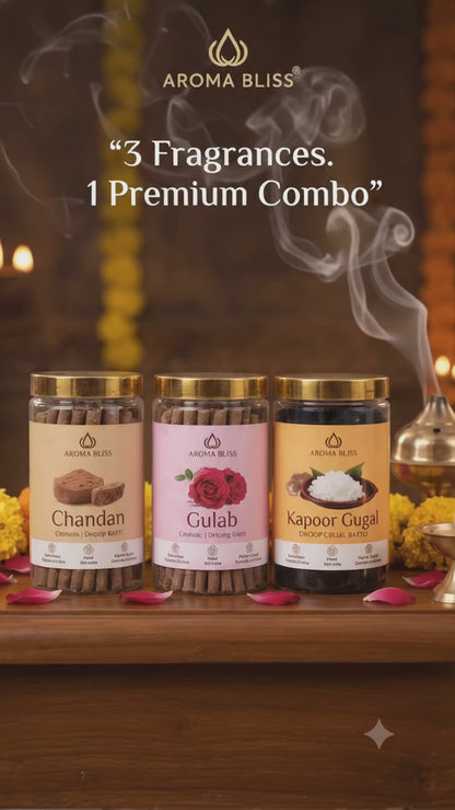 Premium Dhoop Batti Combo Pack | 3 Fragrances Combo Chandan, Gulab & Kapoor Gugal | for Puja & Home