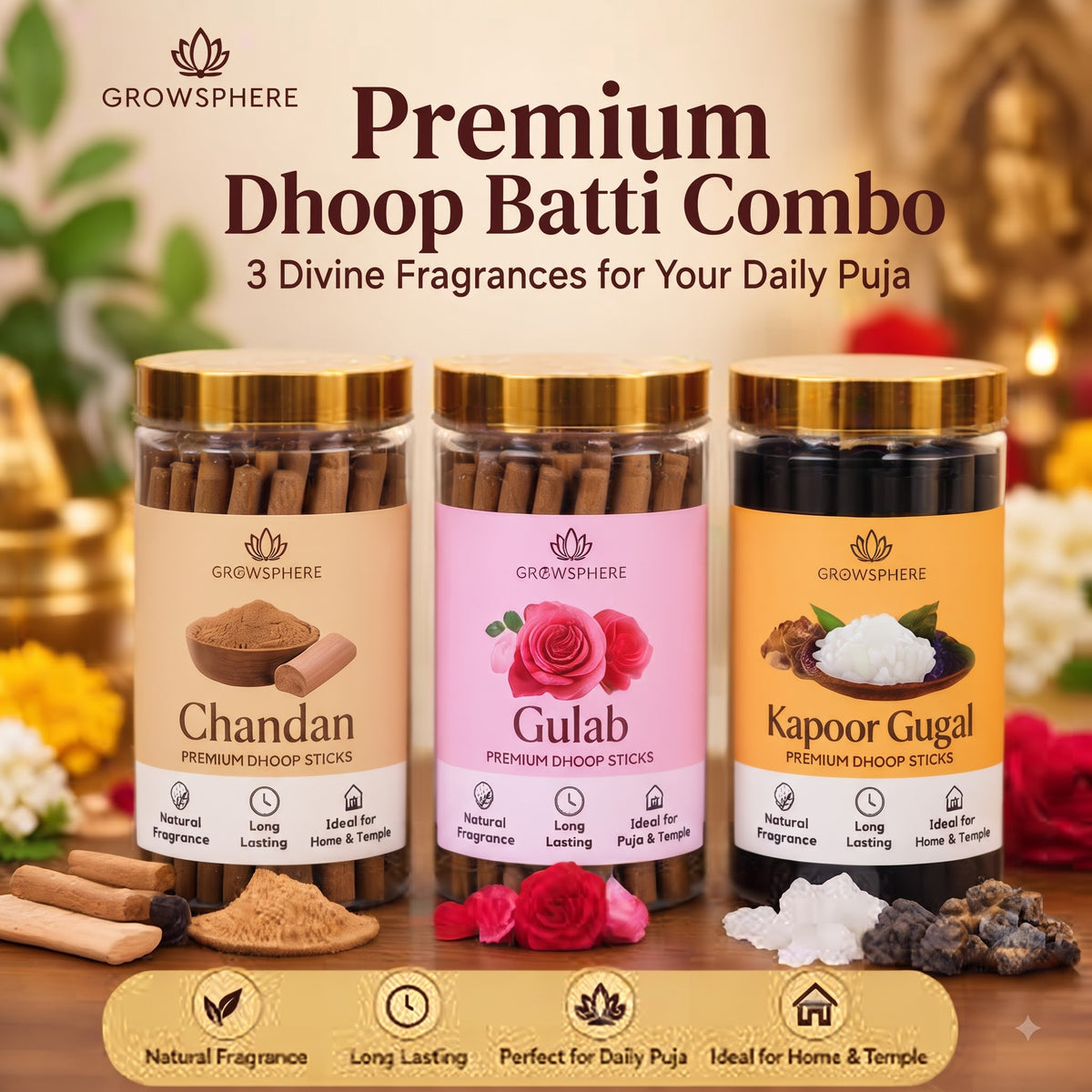 Premium Dhoop Batti Combo Pack | 3 Fragrances Combo Chandan, Gulab & Kapoor Gugal | for Puja & Home