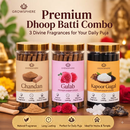 Premium Dhoop Batti Combo Pack | 3 Fragrances Combo Chandan, Gulab & Kapoor Gugal | for Puja & Home